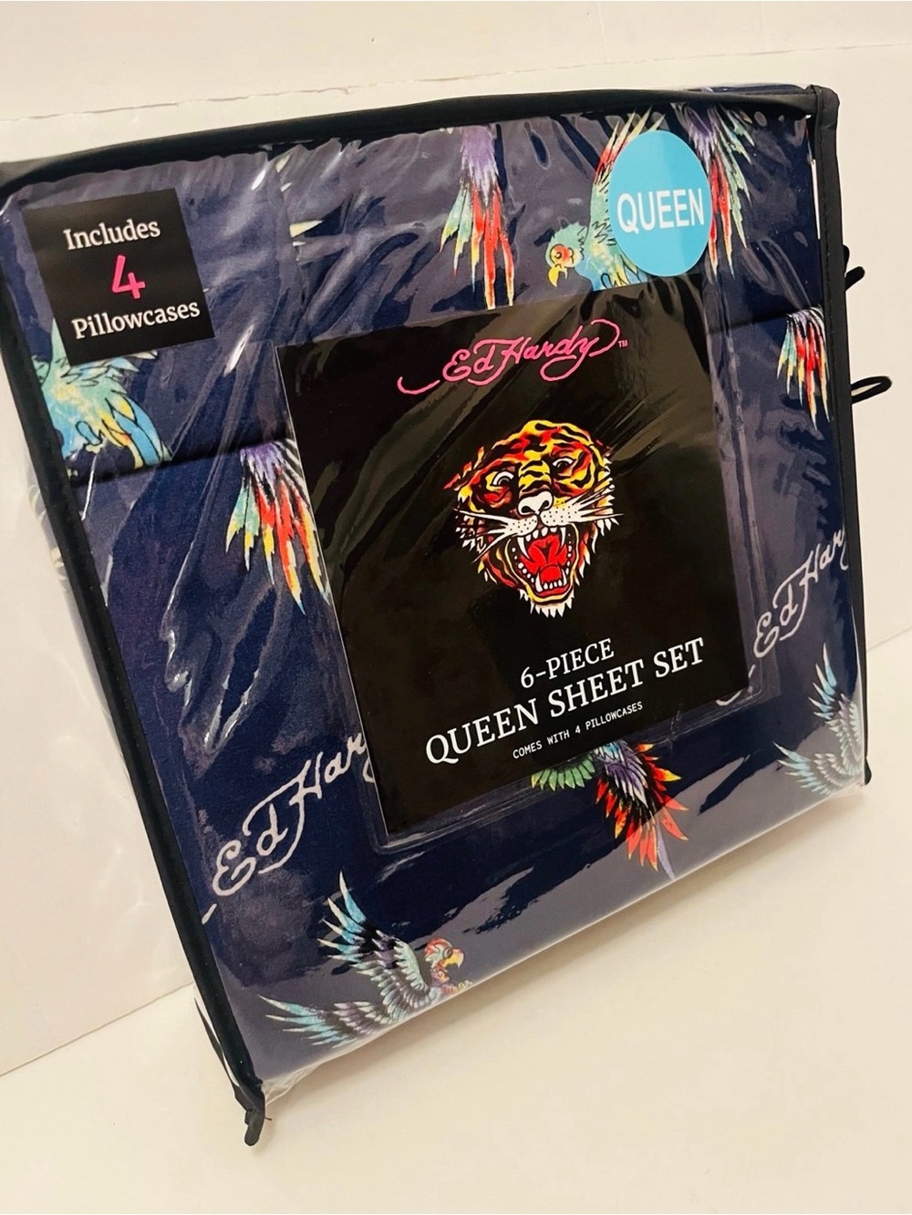 Ed Hardy Blue Queen Size Sheet Set Colorful Parrots Birds Perched & Flying